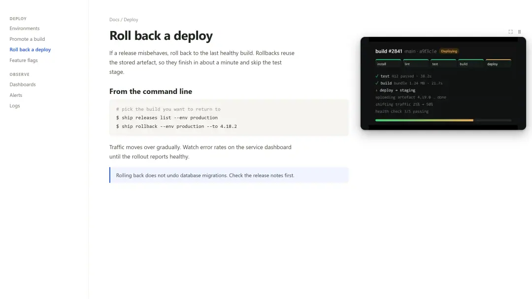 Tabbies build-monitoring bubble over a sample documentation page