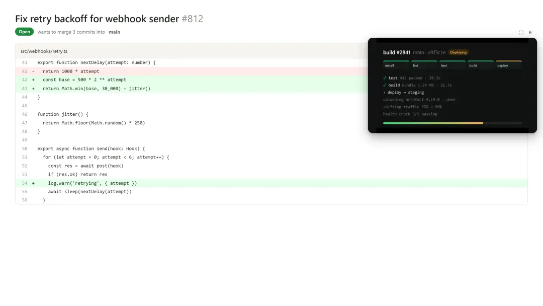 Tabbies build-monitoring bubble over a sample code review page