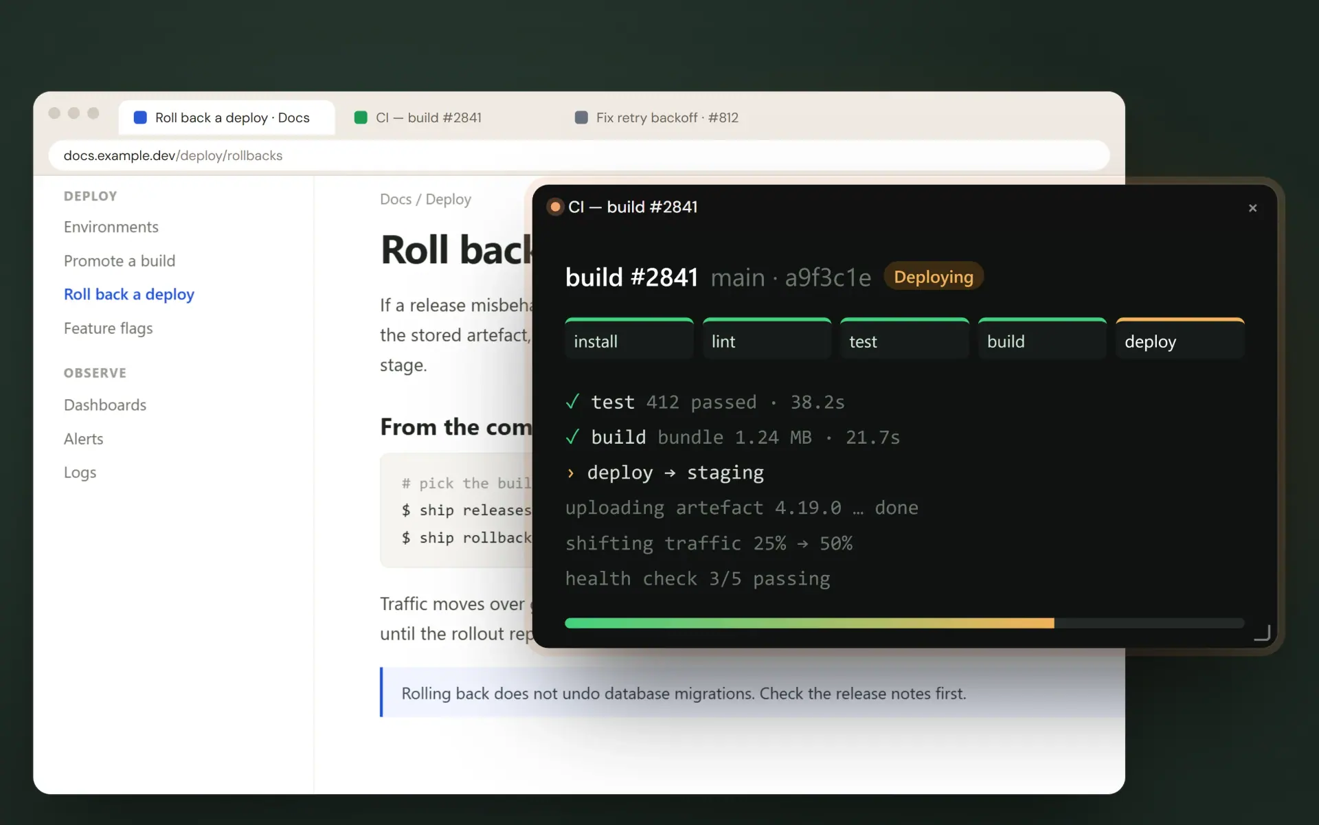 A docs page in Chrome with a live view of a CI build tab floating over it in a Tabbies bubble
